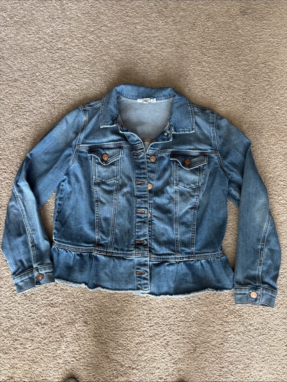 Chico's Blue Denim Peplum Jean Jacket. Size Medium.